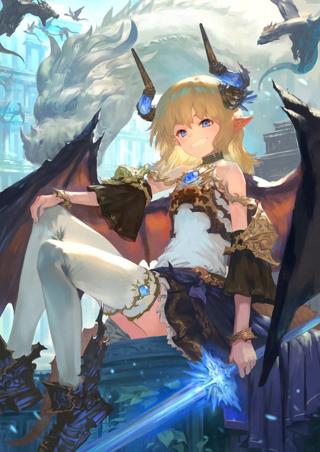 horns, monster, pointy_ears, sword, thighhighs, wasabi60, wings