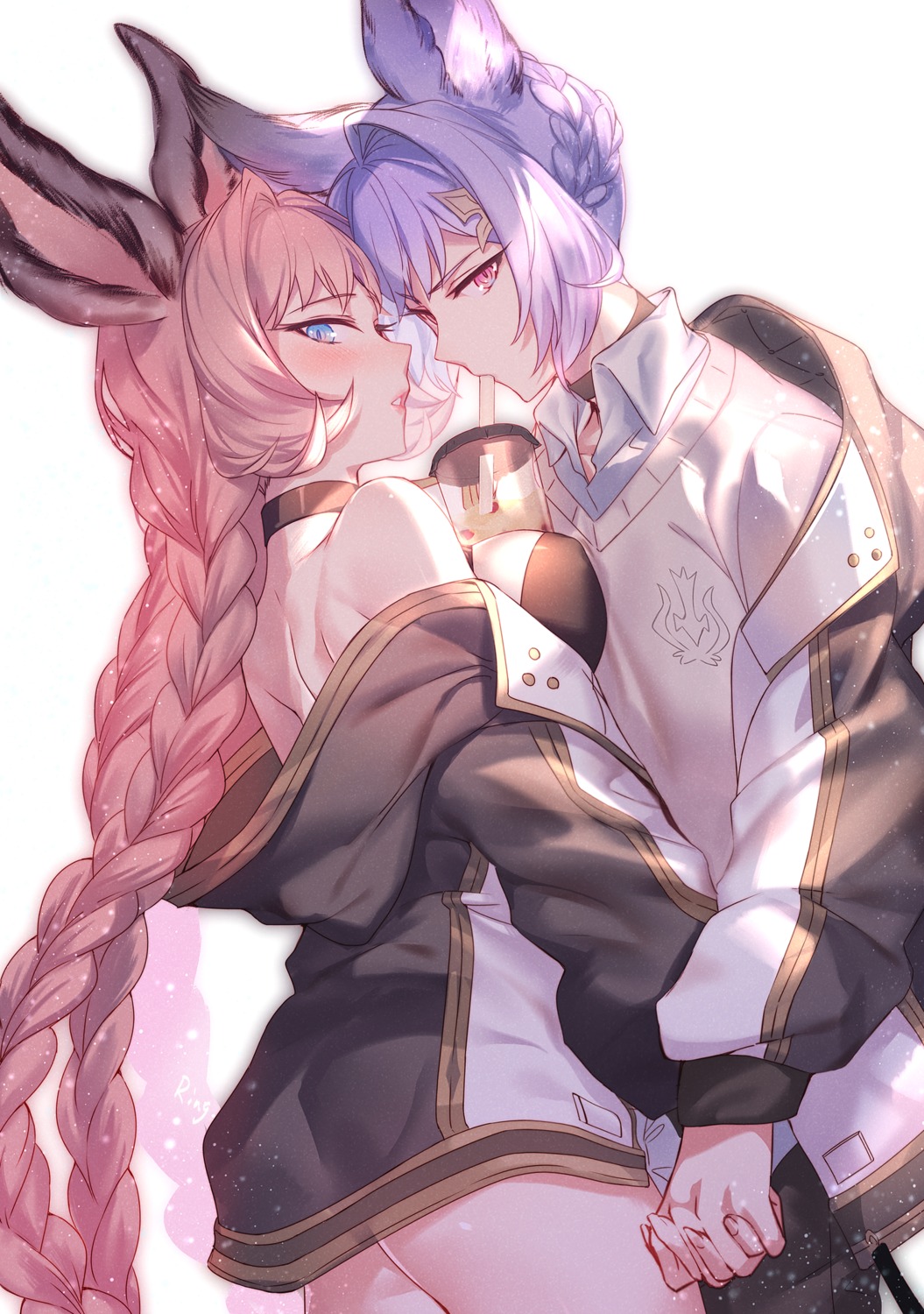 aki663, animal_ears, ass, bra, feower_(granblue_fantasy), granblue_fantasy, open_shirt, tien_(granblue_fantasy)