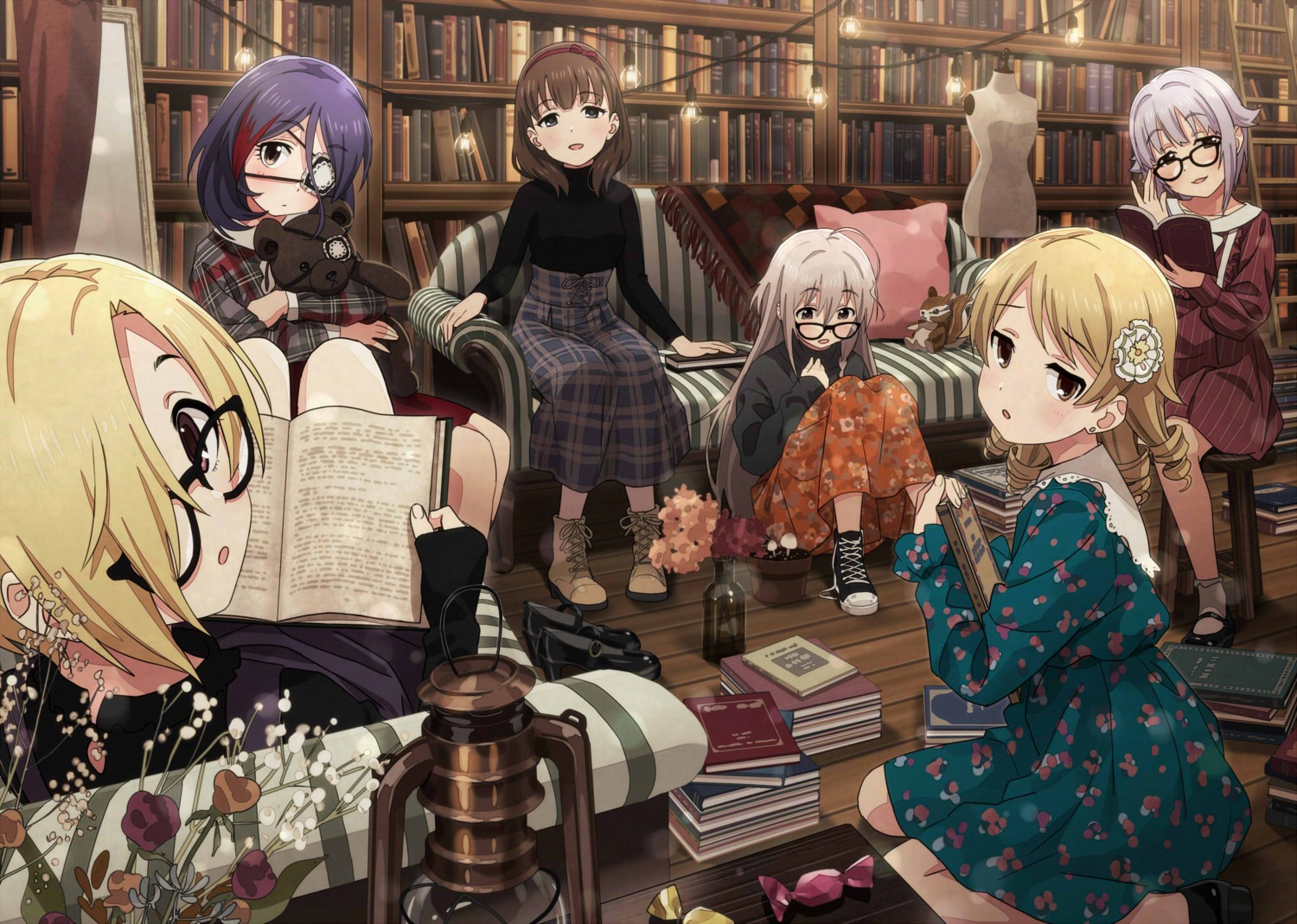 dress, eyepatch, hayasaka_mirei, heels, hoshi_shouko, koshimizu_sachiko, megane, morikubo_nono, sakuma_mayu, shirasaka_koume, sonsoso, sweater, the_idolm@ster, the_idolm@ster_cinderella_girls