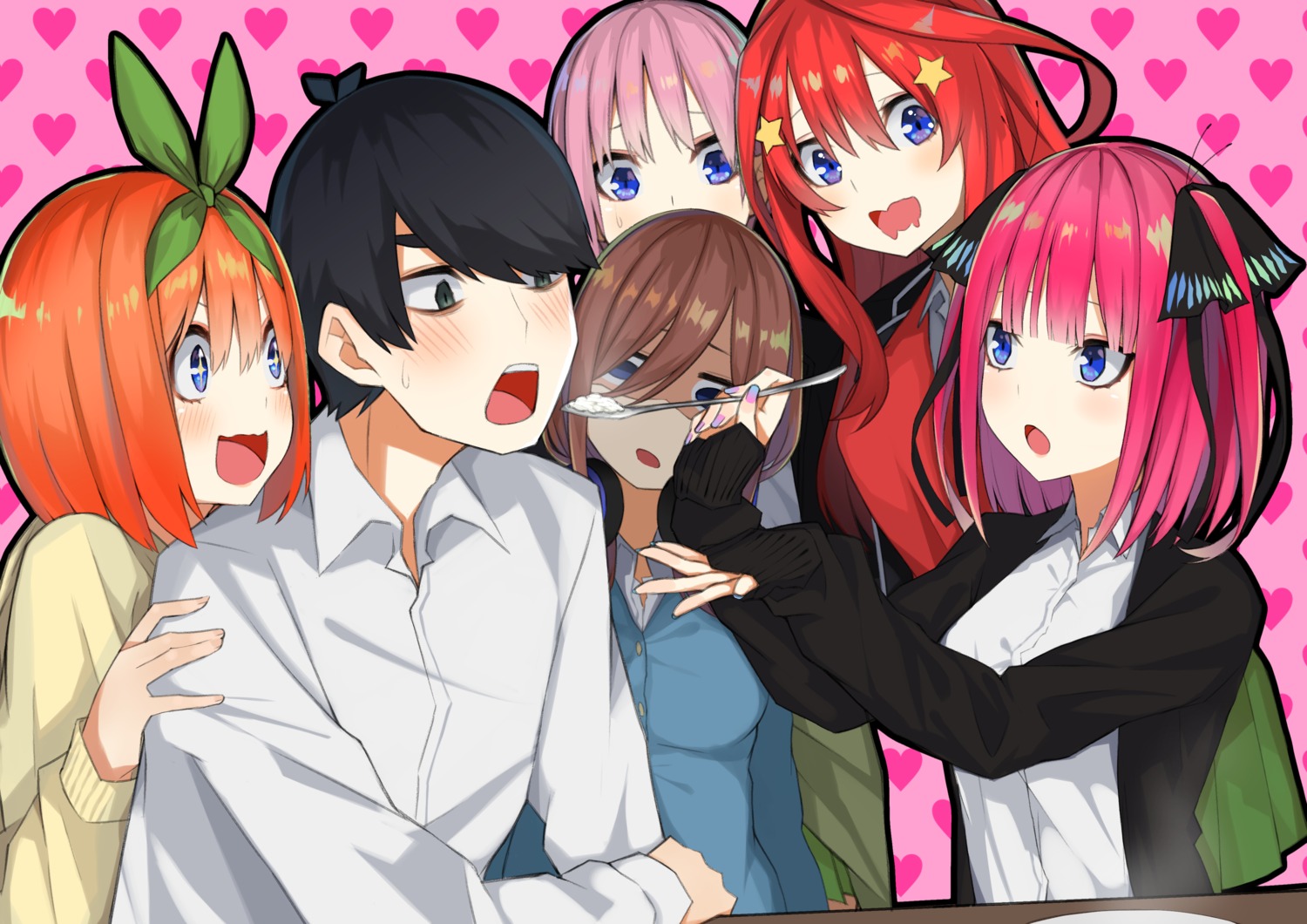 5-toubun_no_hanayome, headphones, itame_moyashi, nakano_ichika, nakano_itsuki, nakano_miku, nakano_nino, nakano_yotsuba