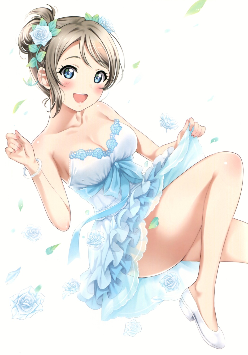 agoitei, cleavage, dress, heels, love_live!_(series), love_live!_sunshine!!, sankuro, skirt_lift