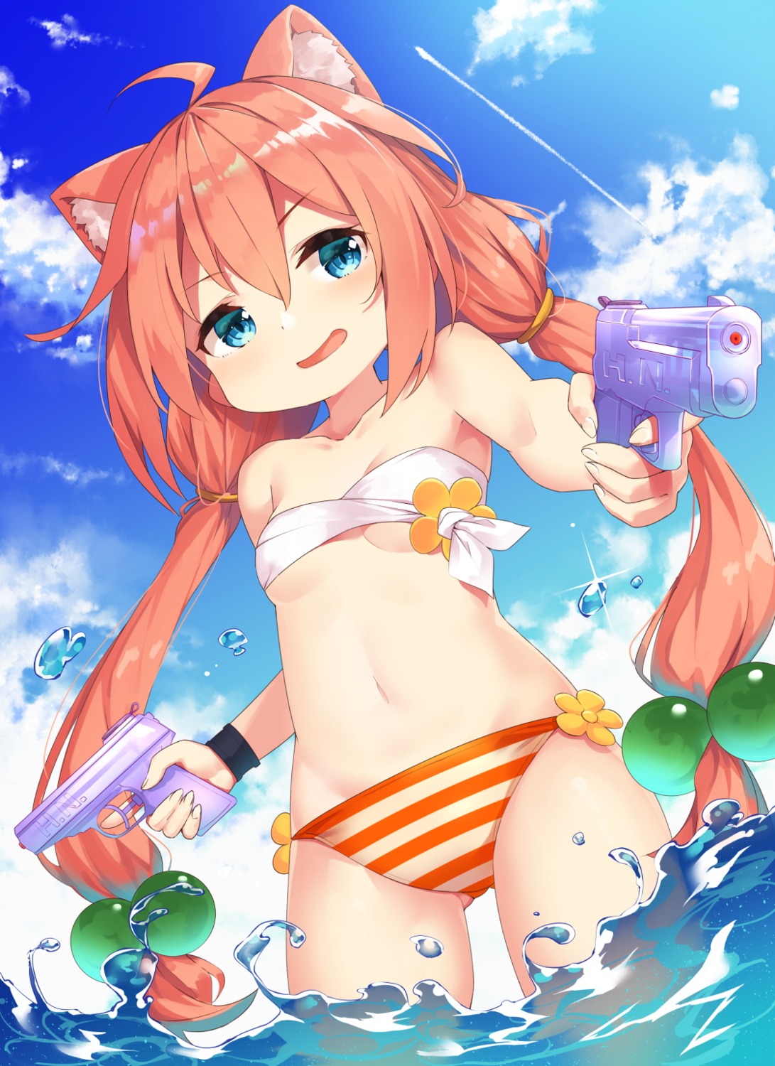 amagasa_yun, animal_ears, bikini, gun, hinata_channel, nekomimi, nekomiya_hinata, swimsuits