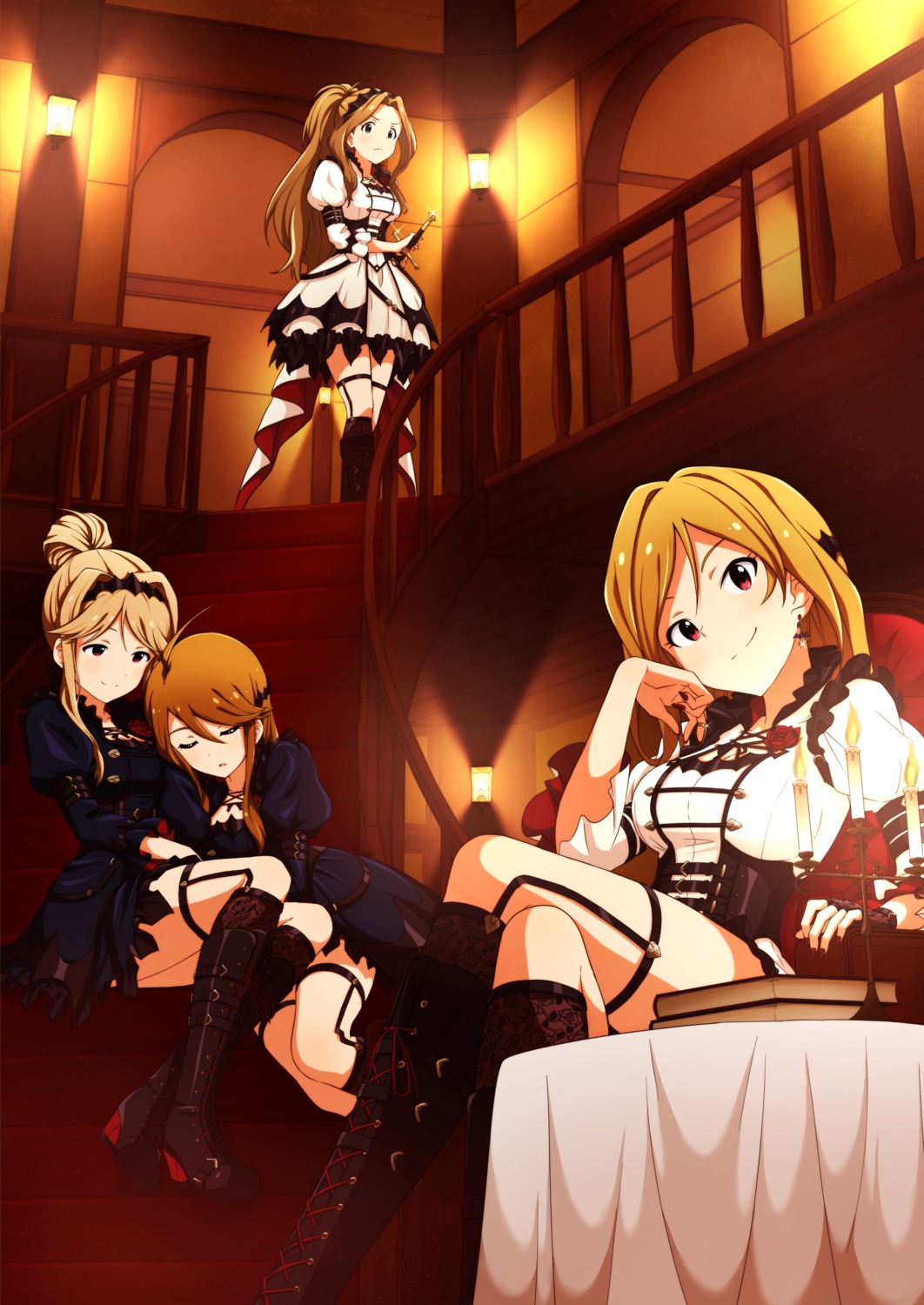 asanaya, dress, garter, heels, momose_rio, nikaidou_chizuru, sword, tenkuubashi_tomoka