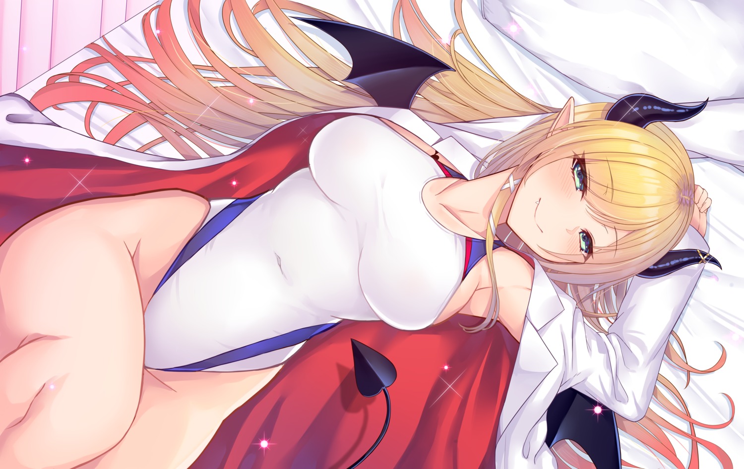 hololive, horns, pointy_ears, swimsuits, tail, wings, yoshiheihe, yuzuki_choco