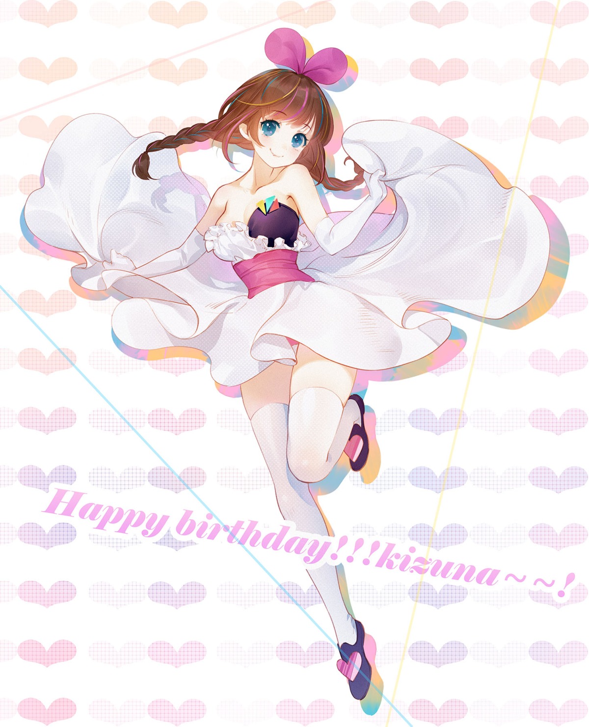 cleavage, dress, kizuna_ai, kizuna_ai_inc., orry, pantsu, skirt_lift, thighhighs