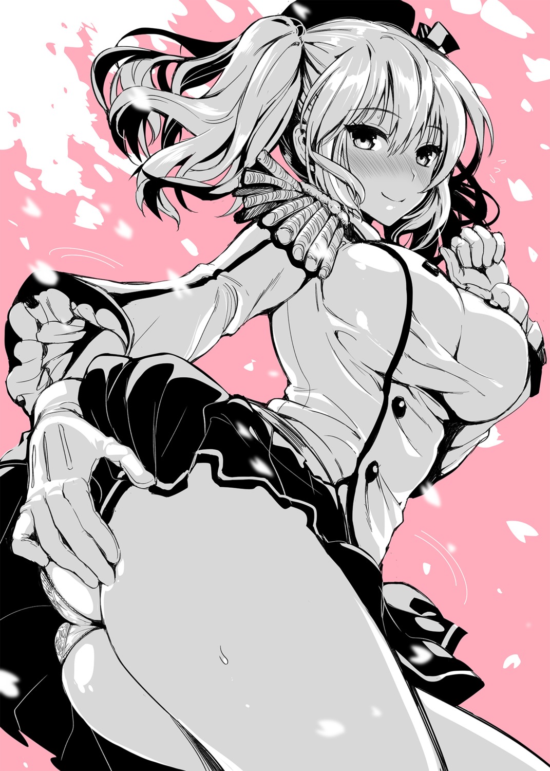 ass, ass_grab, kantai_collection, kashima_(kancolle), kojima_saya, monochrome, pantsu, skirt_lift