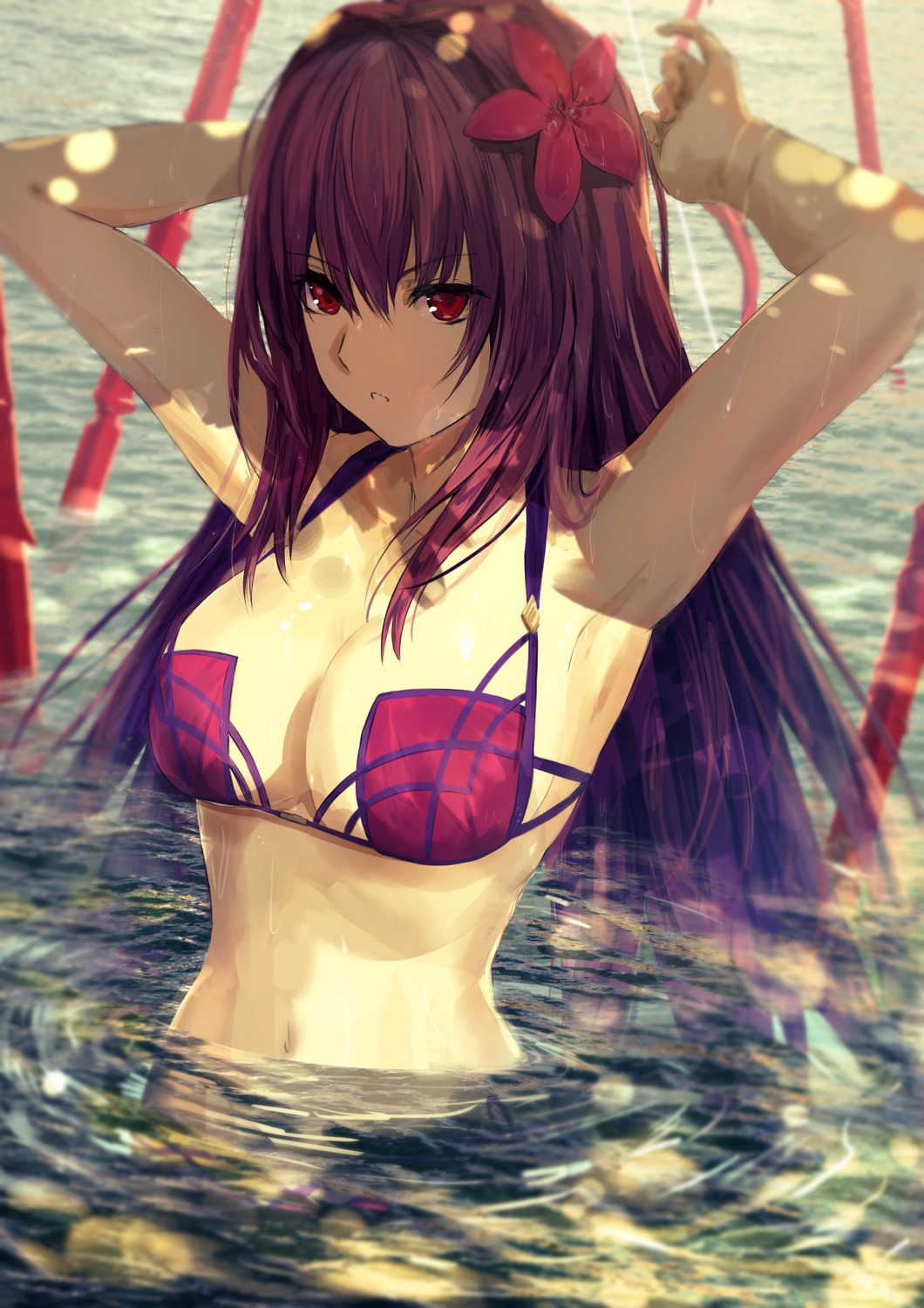 bikini, fate/grand_order, kumamoto_nomii-kun, scathach_(fate), swimsuits, weapon, wet