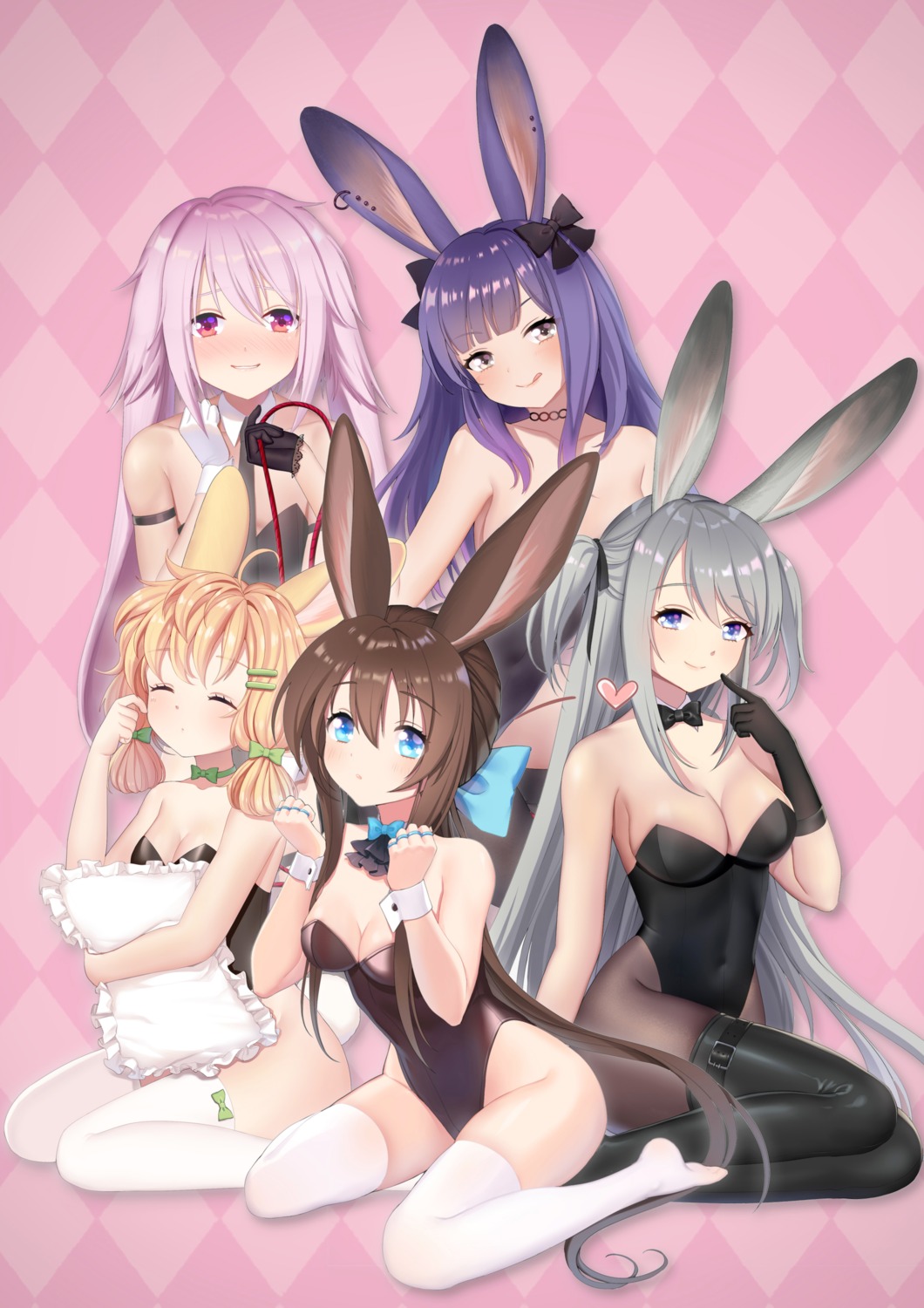 amiya_(arknights), animal_ears, ansel_(arknights), arknights, bunny_ears, bunny_girl, cleavage, garter, kroos_(arknights), luobo1220, pantyhose, rope_(arknights), savage_(arknights), tail, thighhighs