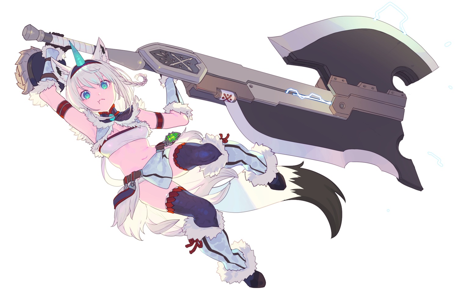 animal_ears, cleavage, cosplay, enkyo_yuuichirou, hololive, hololive_gamers, horns, kirin_(armor), kitsune, monster_hunter, pantsu, shirakami_fubuki, tail, thighhighs, weapon