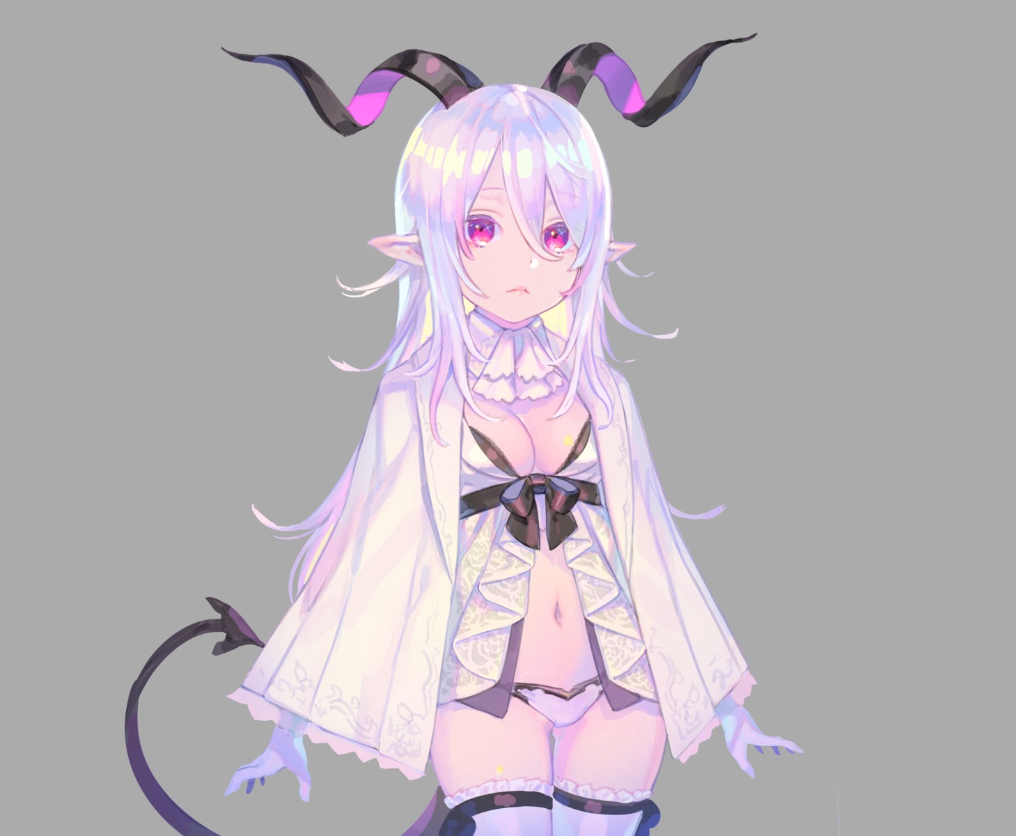 cleavage, enkyo_yuuichirou, horns, lingerie, pantsu, pointy_ears, see_through, tail, thighhighs