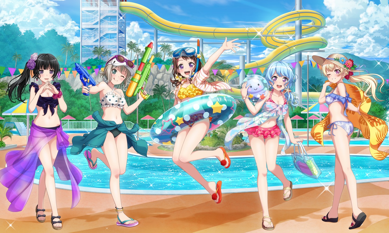 aoba_moca, ass, bang_dream!, bang_dream!_episode_of_roselia, bikini, cleavage, gun, matsubara_kanon, megane, open_shirt, see_through, shirasagi_chisato, shirokane_rinko, swimsuits, tagme, toyama_kasumi