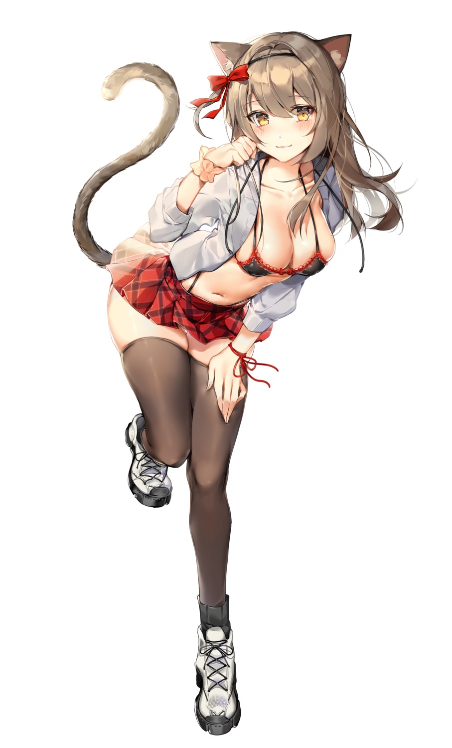 animal_ears, bra, mo:oku, nekomimi, open_shirt, pantsu, tail, thighhighs