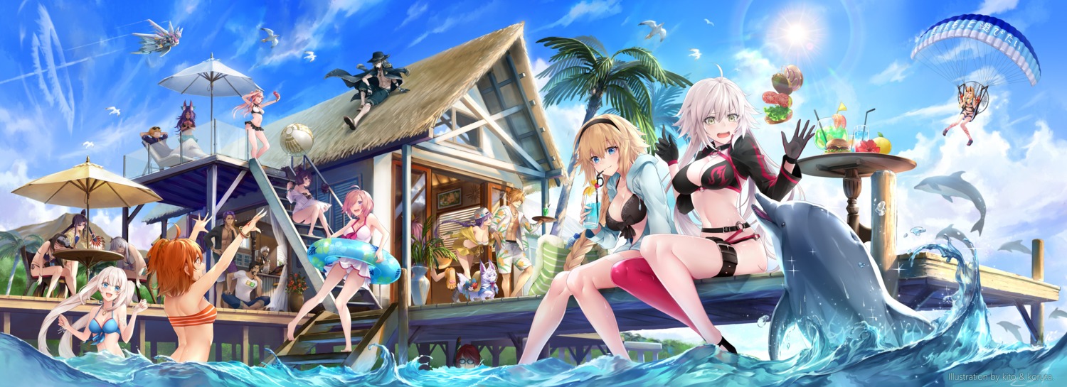 anastasia_(fate/grand_order), animal_ears, bb_(fate), bikini, cleavage, edmond_dantes_(fate/grand_order), edward_teach_(fate/grand_order), fate/grand_order, fujimaru_ritsuka_(female), garter, heroine_xx, ibaraki_douji_(fate), jeanne_d'arc, jeanne_d'arc_(fate), jeanne_d'arc_alter_(fate), katsushika_hokusai_(fate), kito_(kito2), kitsune, koruta_(nekoimo), lancelot_(fate), marie_antoinette_(fate), mash_kyrielight, medb_(fate), open_shirt, osakabehime_(fate), queen_of_sheba_(fate/grand_order), robin_hood_(fate), swimsuits, tamamo_cat, tamamo_no_mae, thighhighs, ushiwakamaru_(fate), wet