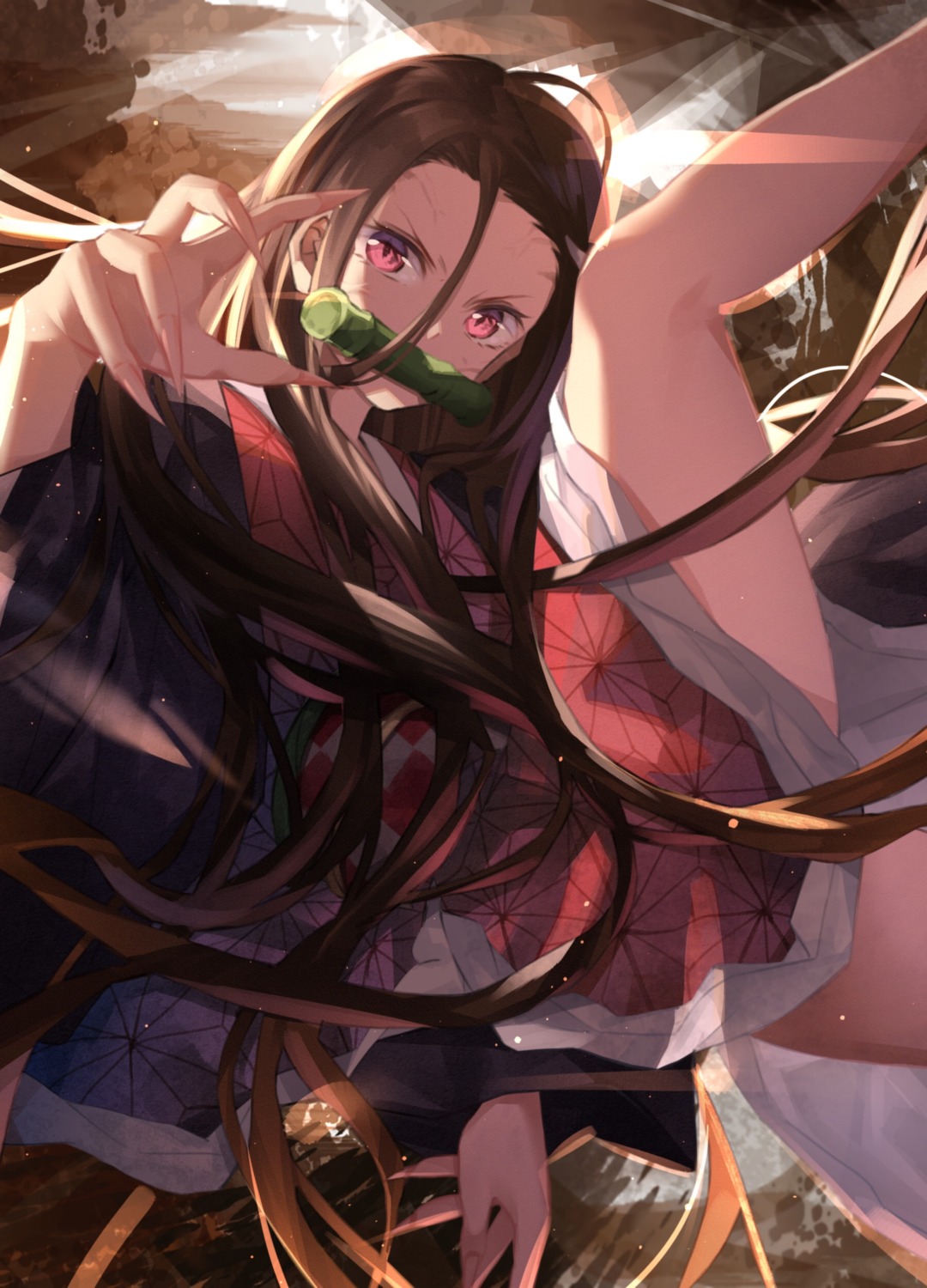 japanese_clothes, kamado_nezuko, kimetsu_no_yaiba, skirt_lift, to_gemichi