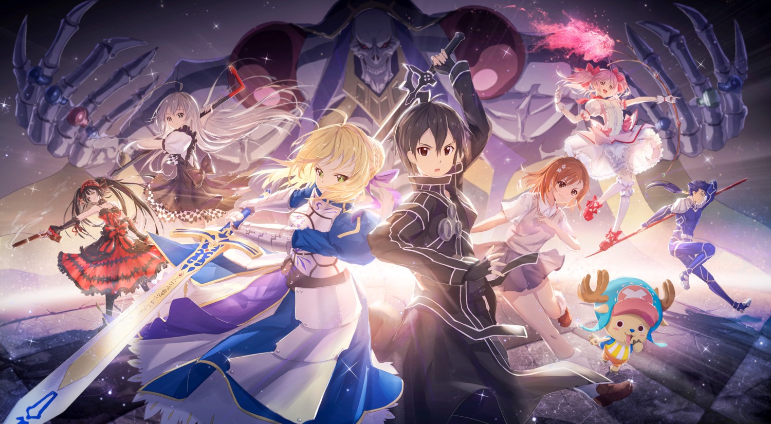 ainz_ooal_gown, armor, artoria_pendragon_(fate), cleavage, crossover, cu_chulainn_(fate), date_a_live, dress, fate/stay_night, gun, haiyore!_nyaruko-san, heels, heterochromia, horns, kaname_madoka, kirito, lengchan_(fu626878068), mahou_shoujo_madoka_magica, misaka_mikoto, momonga_(overlord), monster, nyaruko, one_piece, overlord, seifuku, skirt_lift, sword, sword_art_online, thighhighs, toaru_kagaku_no_railgun, toaru_majutsu_no_index, tokisaki_kurumi, tony_tony_chopper, weapon