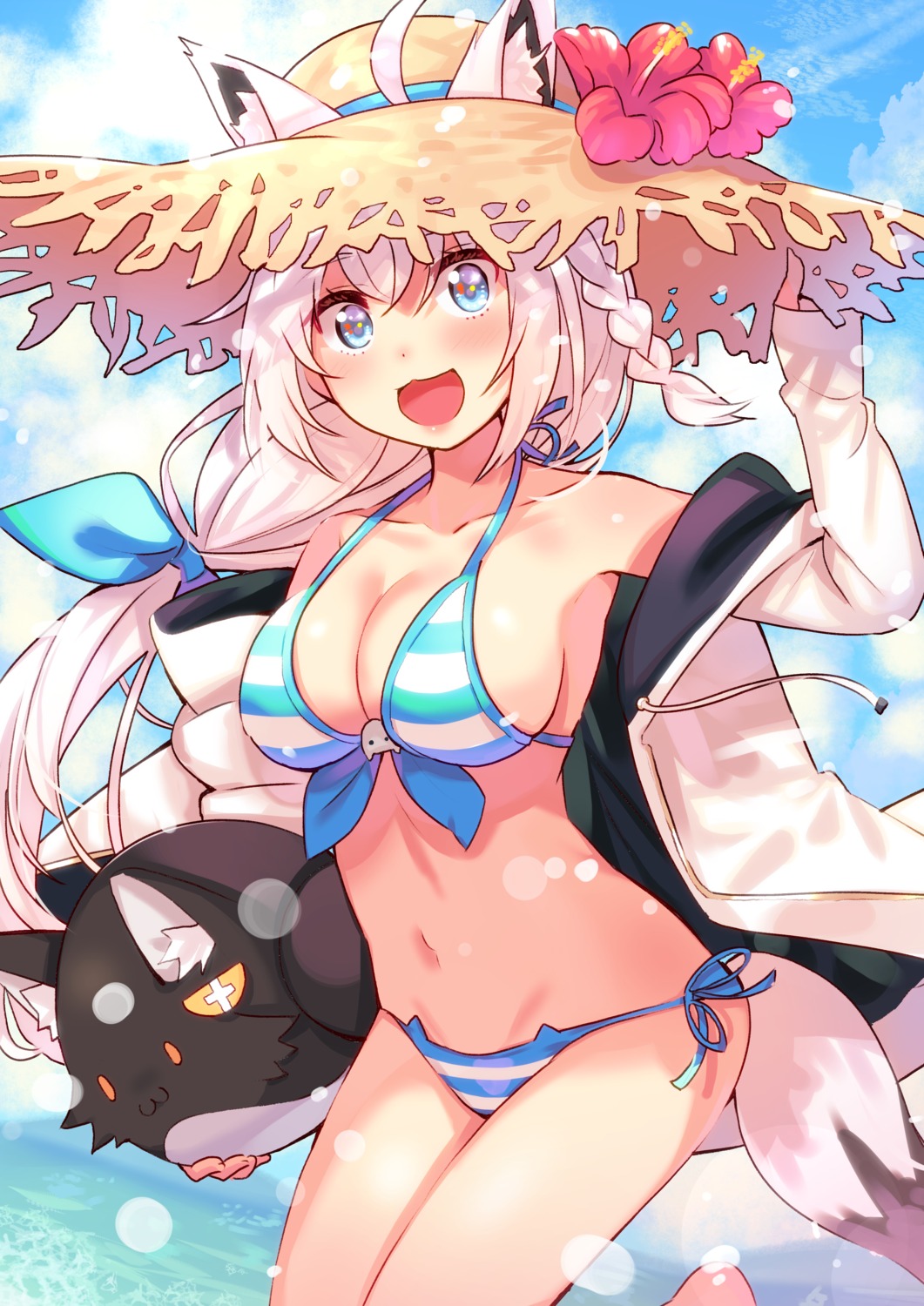 animal_ears, bikini, hololive, hololive_gamers, kitsune, open_shirt, shirakami_fubuki, swimsuits