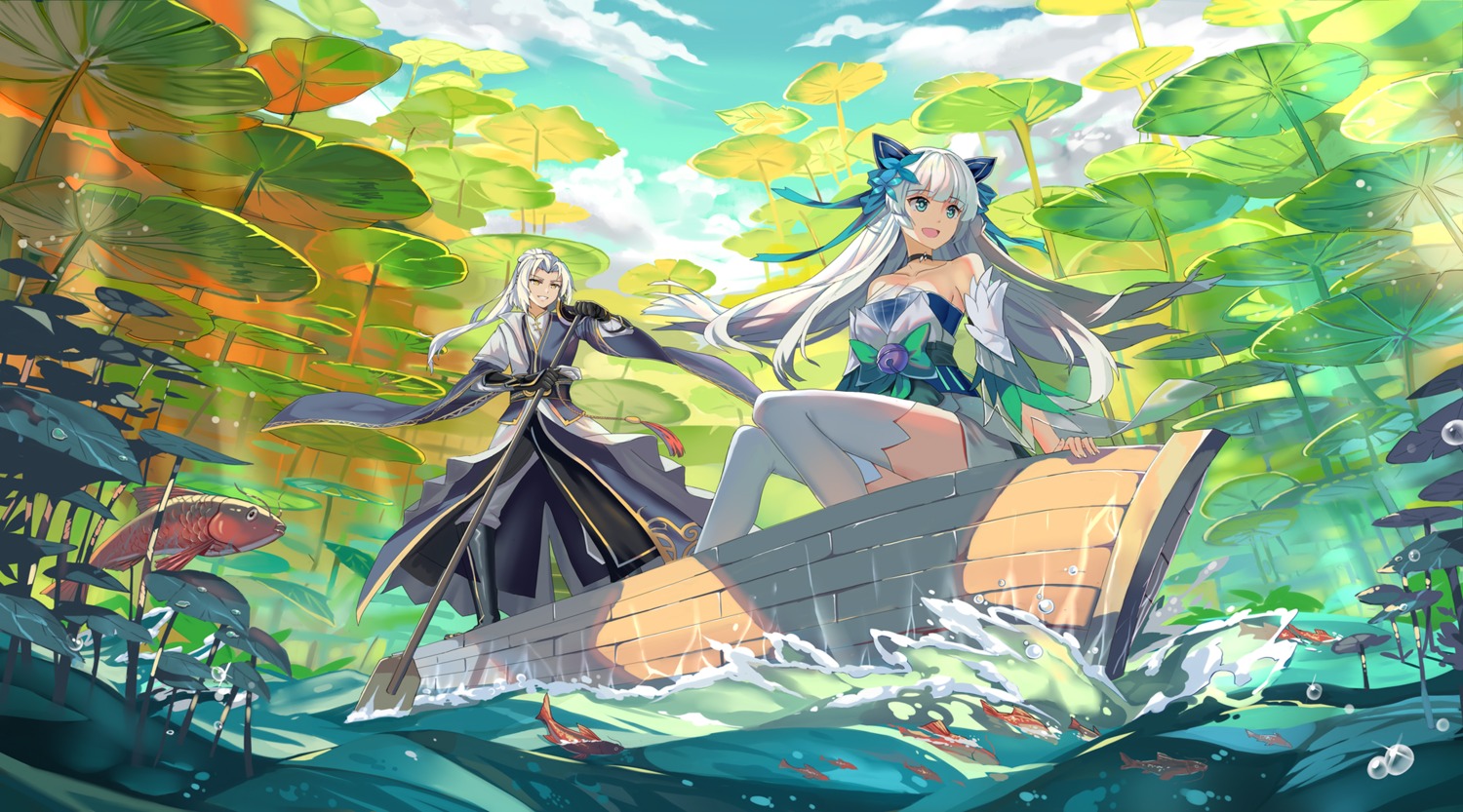 armor, asian_clothes, cleavage, qihai_lunpo, see_through, thighhighs, wet