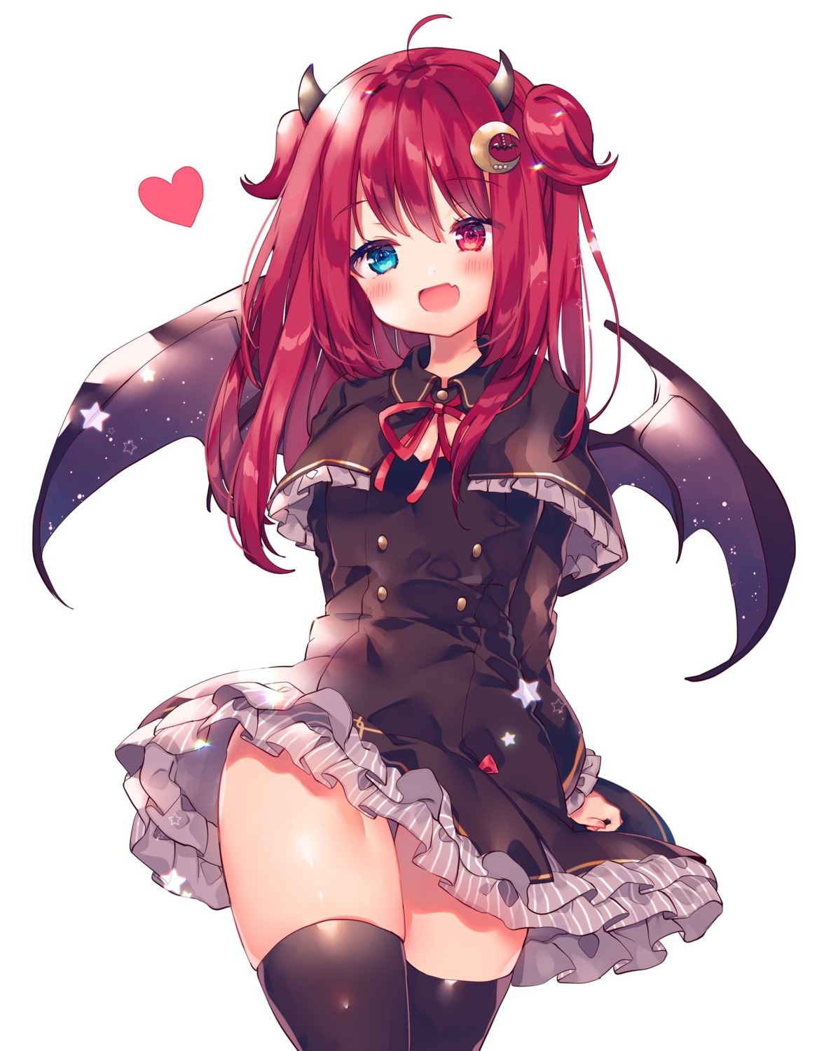 ana, cleavage, dress, heterochromia, horns, nijisanji, skirt_lift, thighhighs