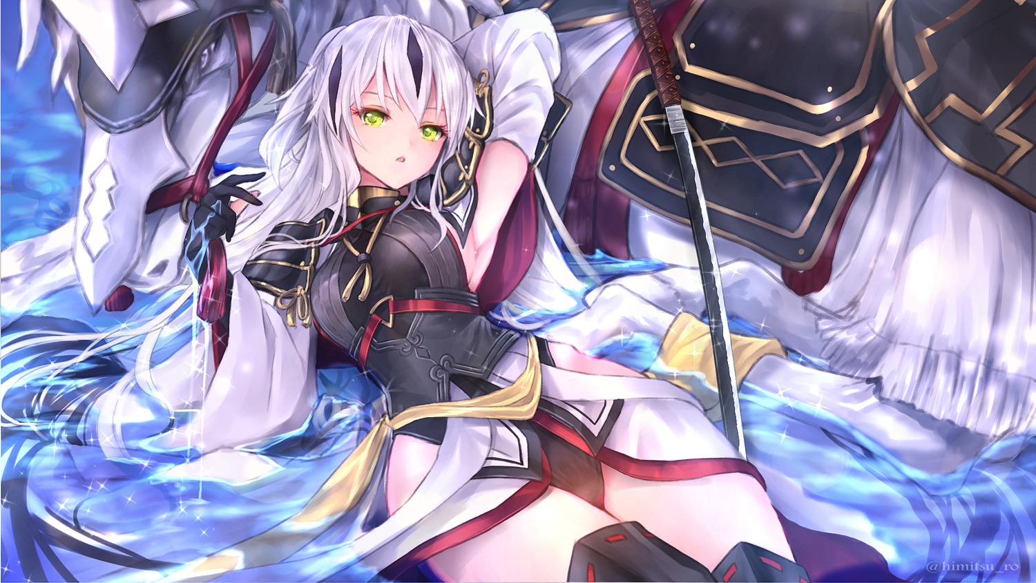 armor, fate/grand_order, himitsu_ro, leotard, nagao_kagetora_(fate), sword, thighhighs