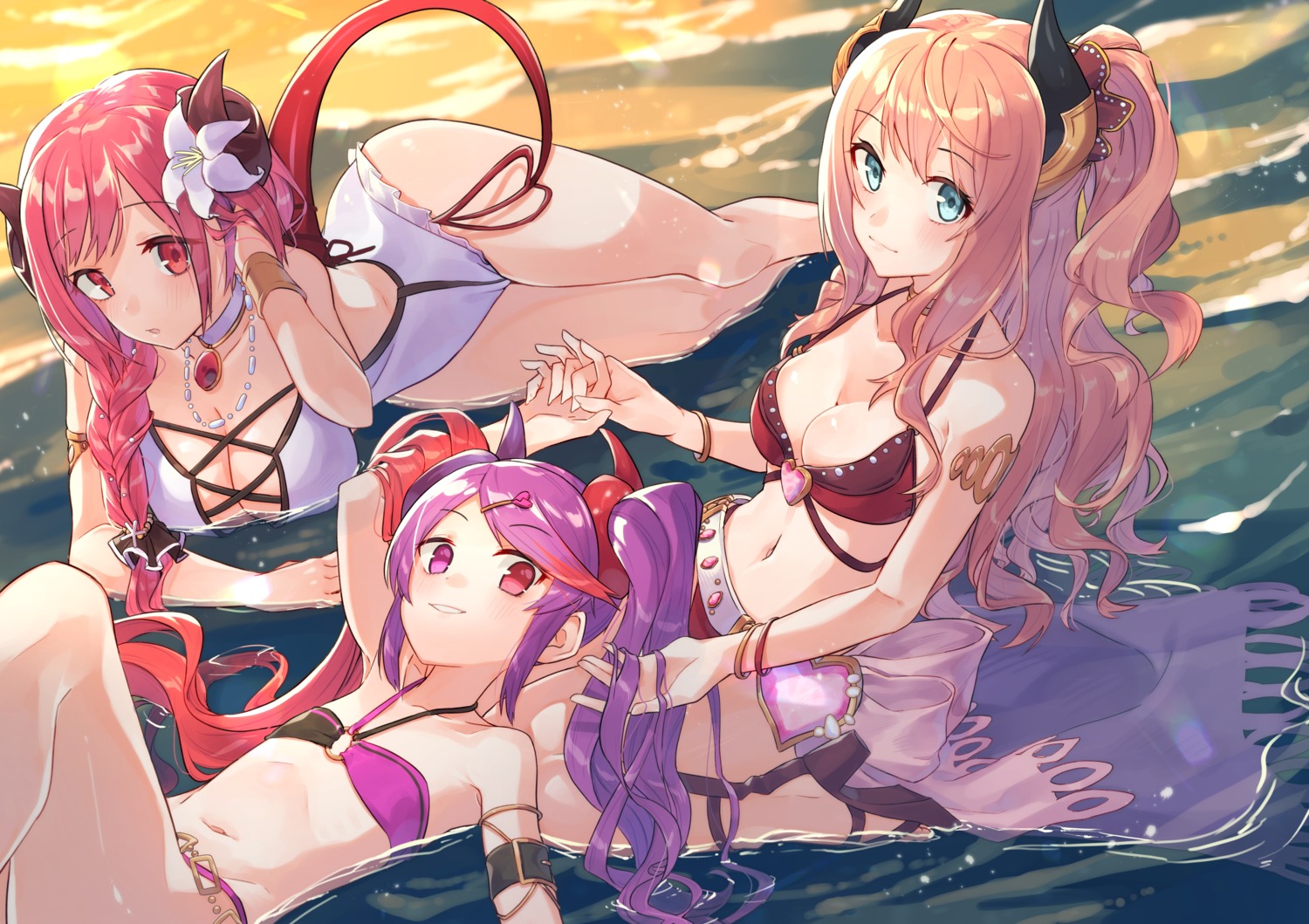 bikini, cleavage, hasekura_io, heels, horns, minami_suzuna, princess_connect!, princess_connect!_re:dive, sho_bu_1116, swimsuits, tail, tamaizumi_misaki, wet