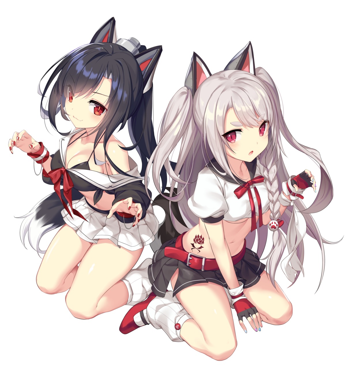 animal_ears, azur_lane, bikini_top, icomochi, no_bra, open_shirt, seifuku, shigure_(azur_lane), swimsuits, tail, tattoo, underboob, yuudachi_(azur_lane)