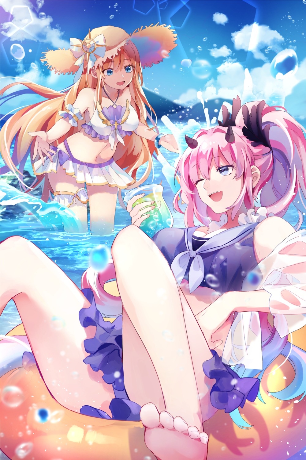 bikini, feet, garter, open_shirt, peneko, see_through, swimsuits, wet