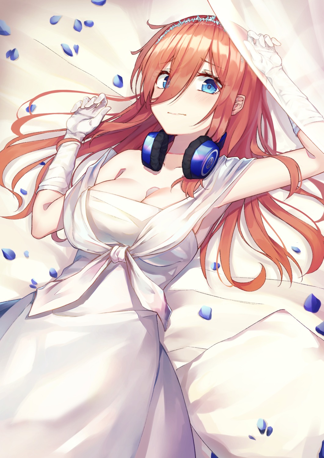 5-toubun_no_hanayome, cleavage, dress, headphones, lkjun_(jg010118), nakano_miku, wedding_dress