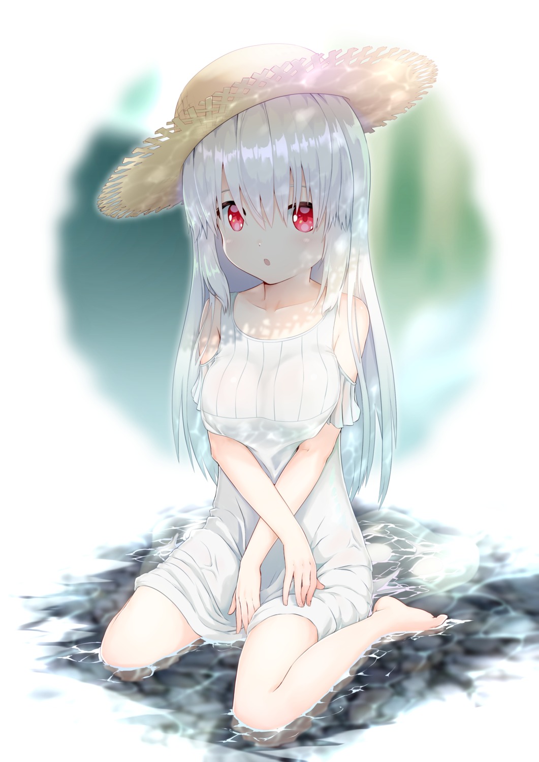 breast_hold, dress, kana_ami, summer_dress, wet