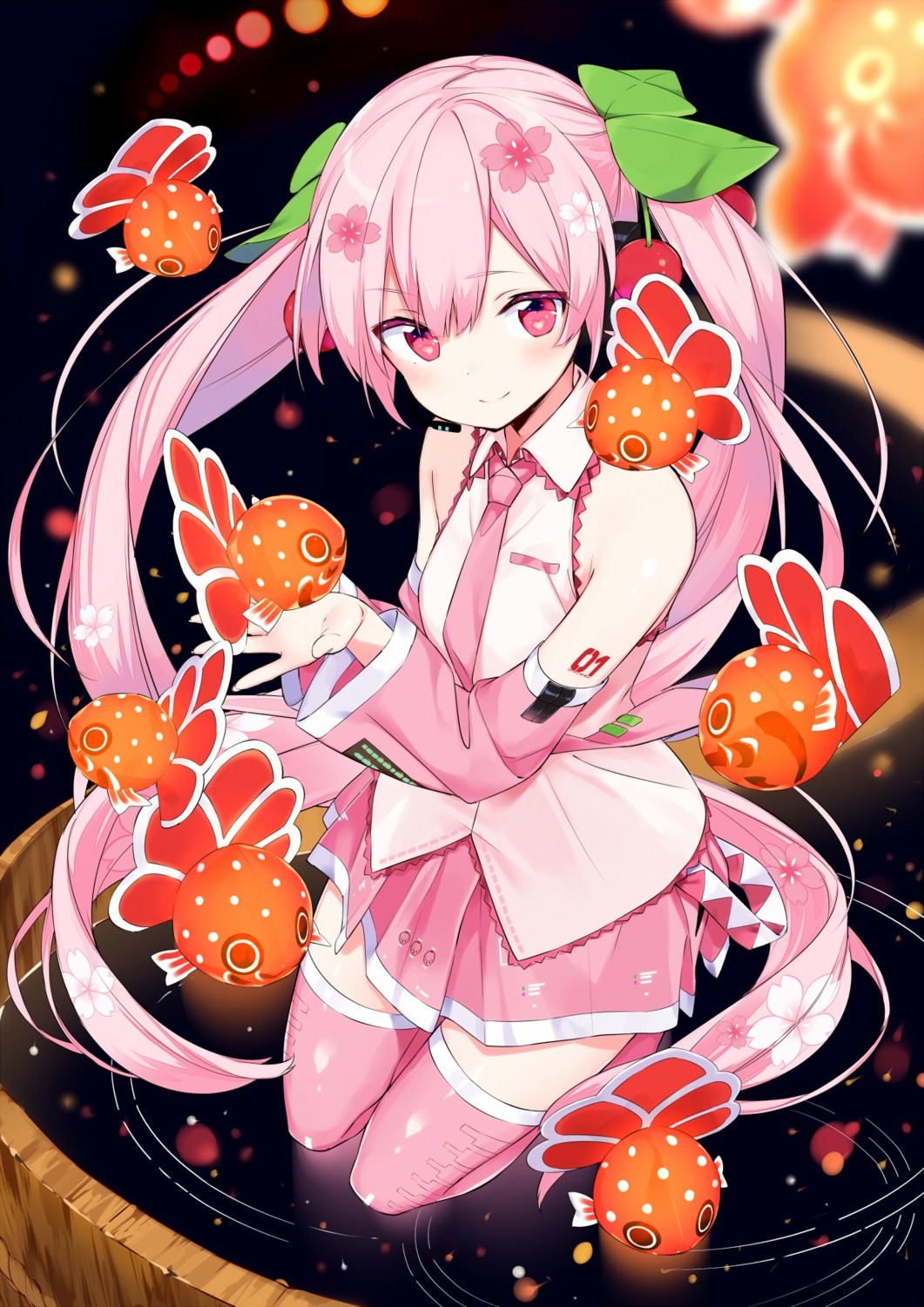 hatsune_miku, headphones, sakura_miku, sama, tattoo, thighhighs, vocaloid, wet