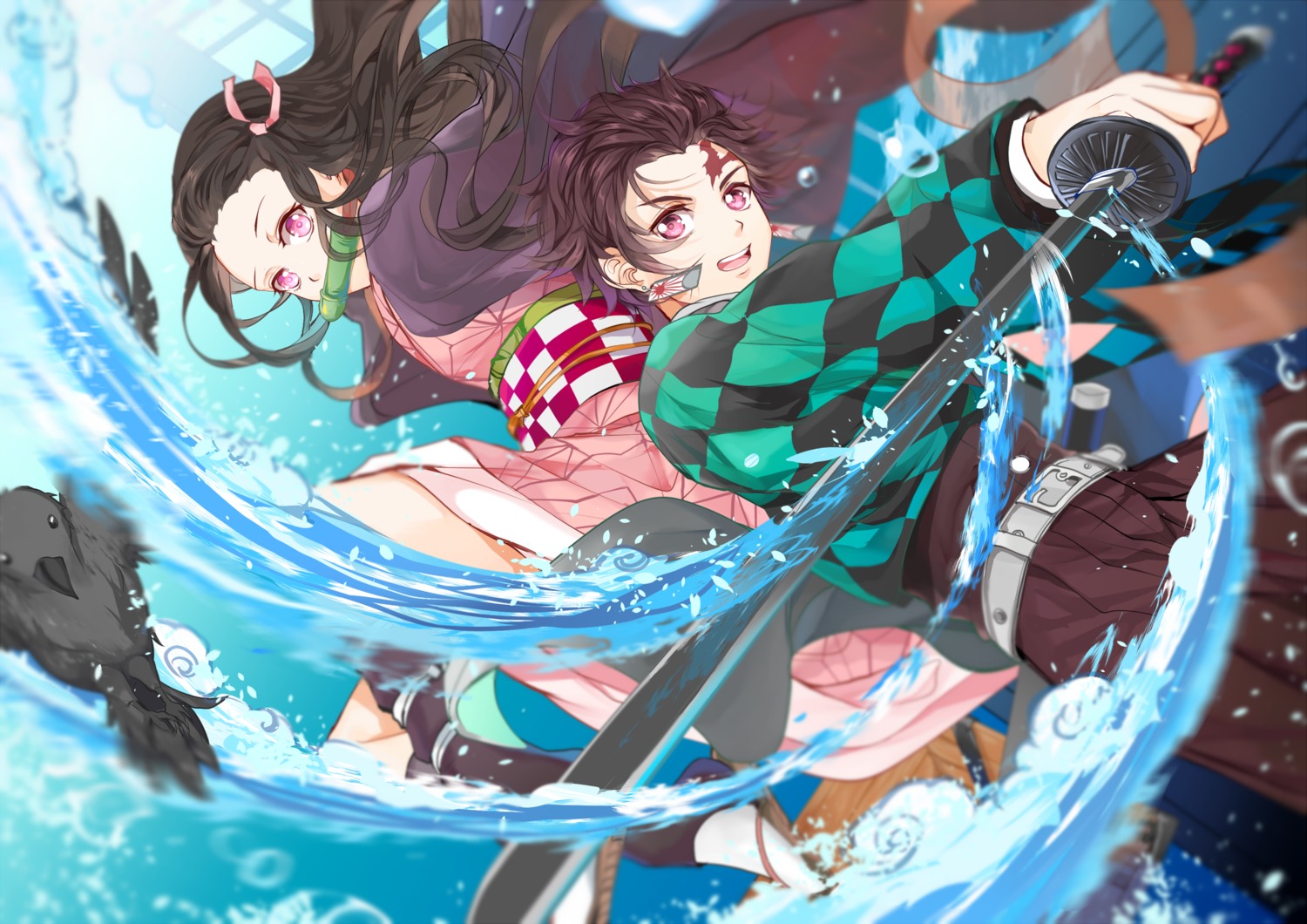 japanese_clothes, kamado_nezuko, kamado_tanjirou, kimetsu_no_yaiba, reku, sword