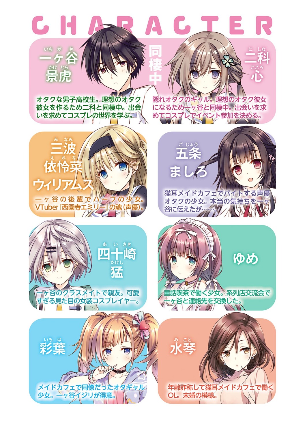 dousei_kara_hajimaru_otaku_kanojo_no_tsukurikata, gojyou_mashiro, minami_erena_williams, nishina_kokoro, profile_page, seifuku, tatekawa_mako