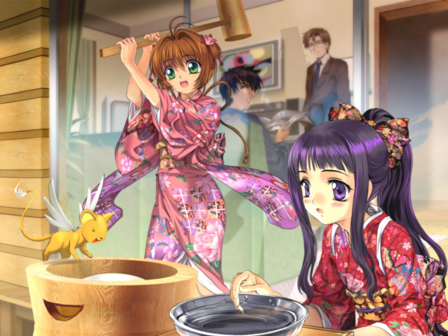 card_captor_sakura, daidouji_tomoyo, kerberos, kinomoto_fujitaka, kinomoto_sakura, kinomoto_touya, moonknives, wallpaper, yukata
