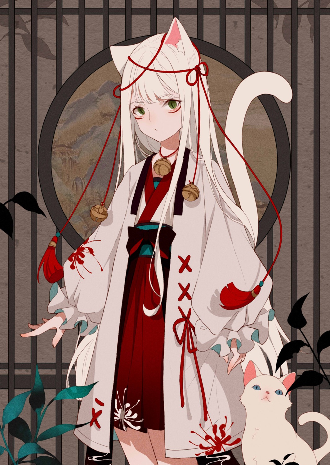 animal_ears, japanese_clothes, neko, nekomimi, qiqi_(999sleepy), tail