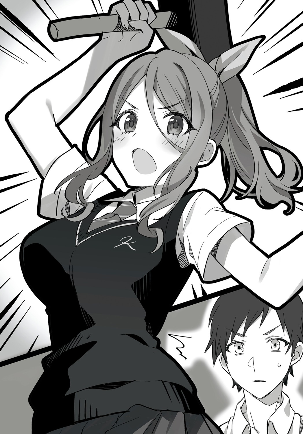 kageishi_midori, monochrome, ooboshi_akiteru, seifuku, sweater, tomari, tomodachi_no_imouto_ga_ore_nidake_uzai, weapon