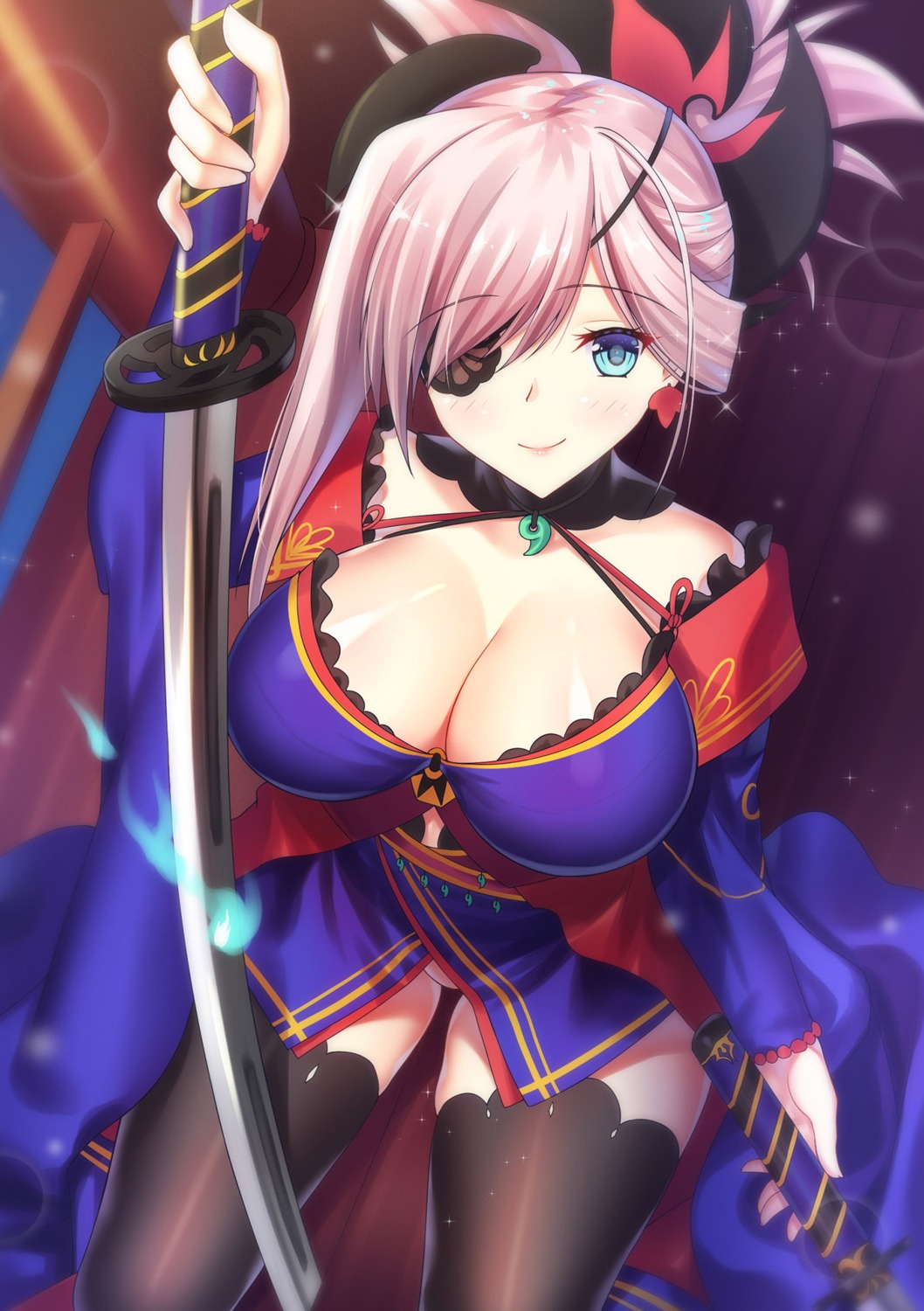 ame_wa_agattano, cleavage, eyepatch, fate/grand_order, japanese_clothes, miyamoto_musashi_(fate), pantsu, sword