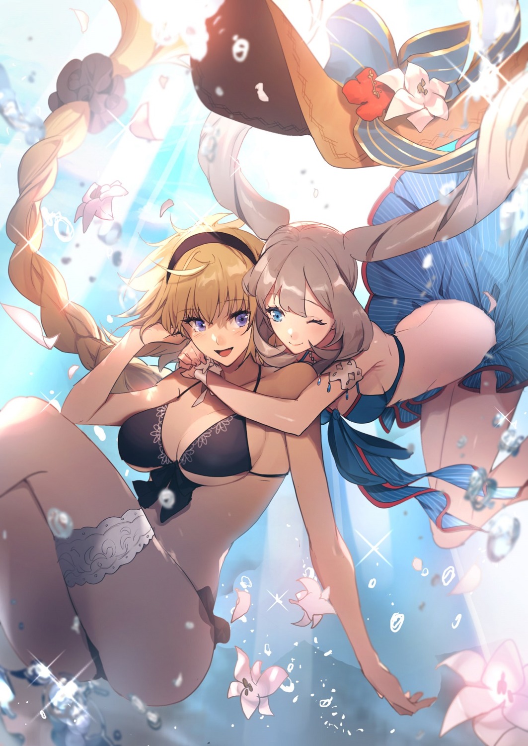 bikini, fate/grand_order, garter, jeanne_d'arc, jeanne_d'arc_(fate), marie_antoinette_(fate), no-kan, skirt_lift