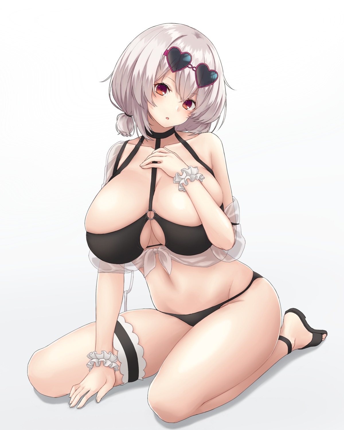 azur_lane, bikini, breast_hold, garter, megane, namec0, open_shirt, see_through