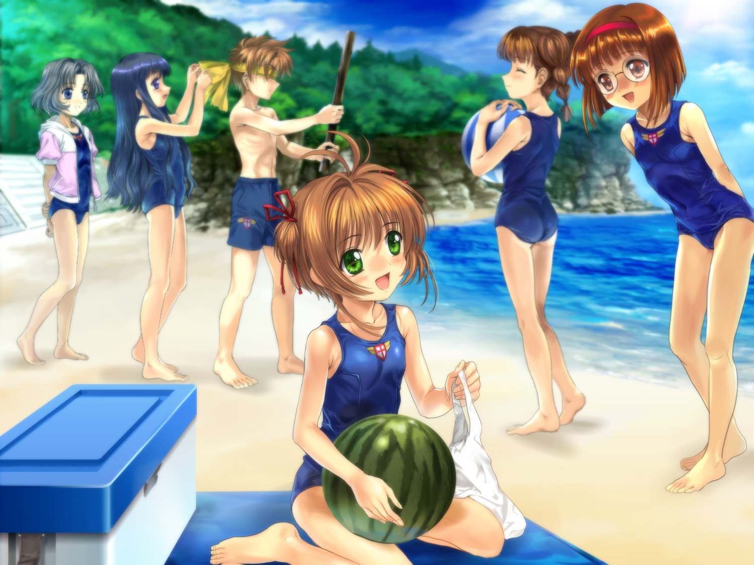card_captor_sakura, daidouji_tomoyo, kinomoto_sakura, li_syaoran, mihara_chiharu, moonknives, sasaki_rika, school_swimsuit, swimsuits, yanagisawa_naoko