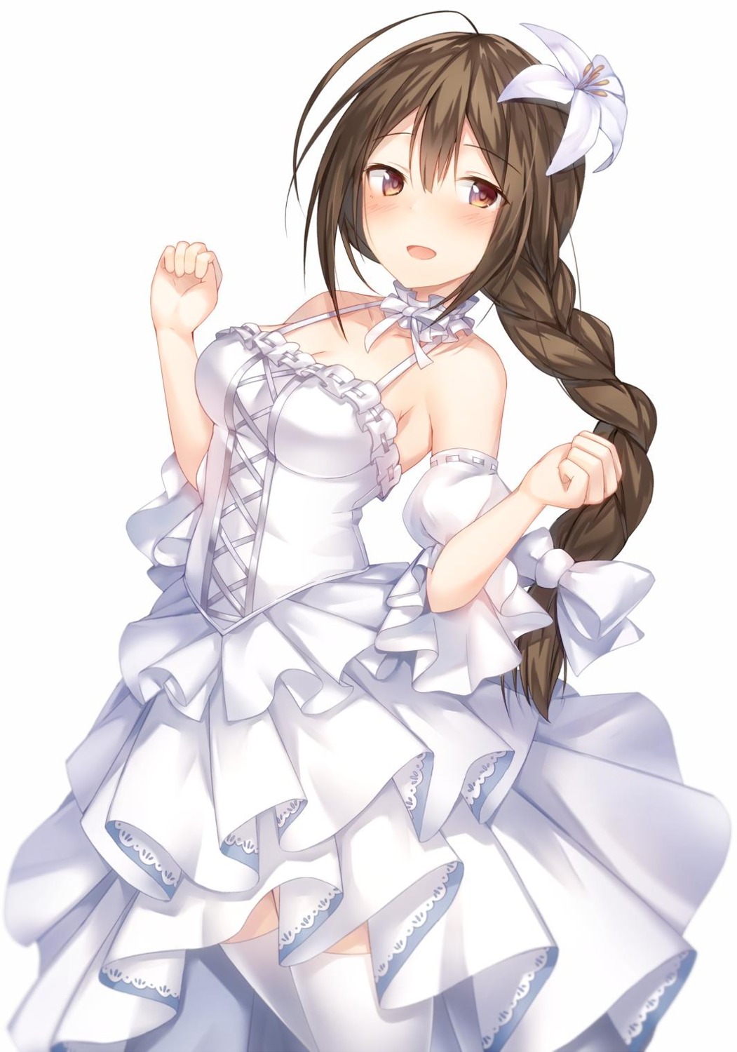 cleavage, dress, kuwayama_chiyuki, shindou_tsurami, the_idolm@ster, the_idolm@ster_shiny_colors, thighhighs