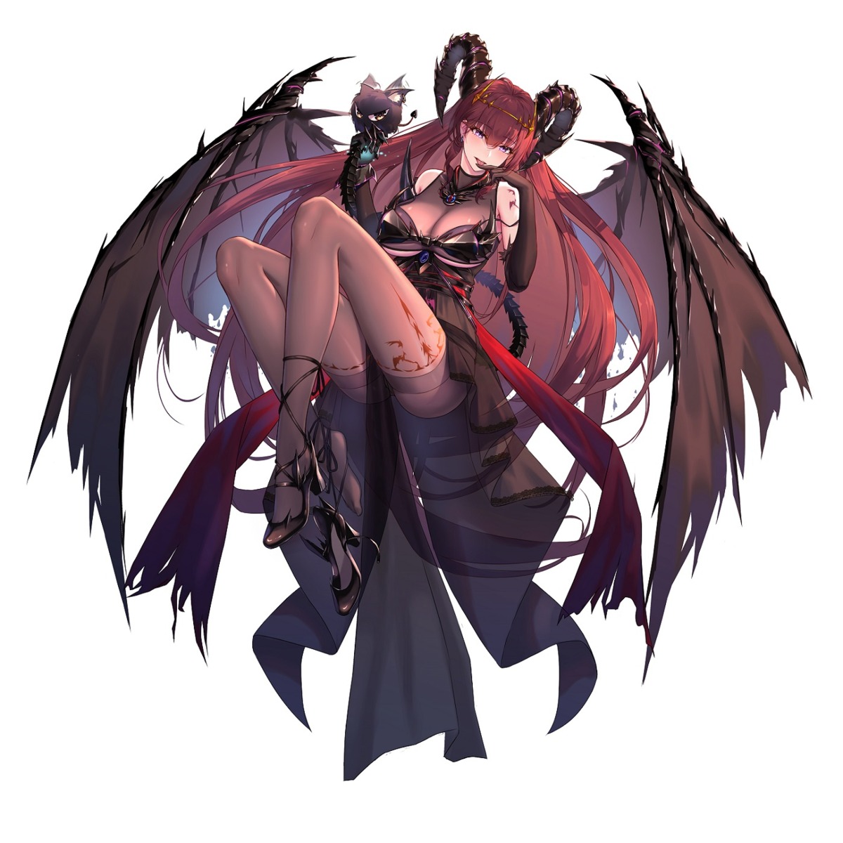 ark_order, belphegor_(ark_order), cleavage, heels, horns, pantyhose, see_through, tattoo, wings, you_ni_ge_shaobing