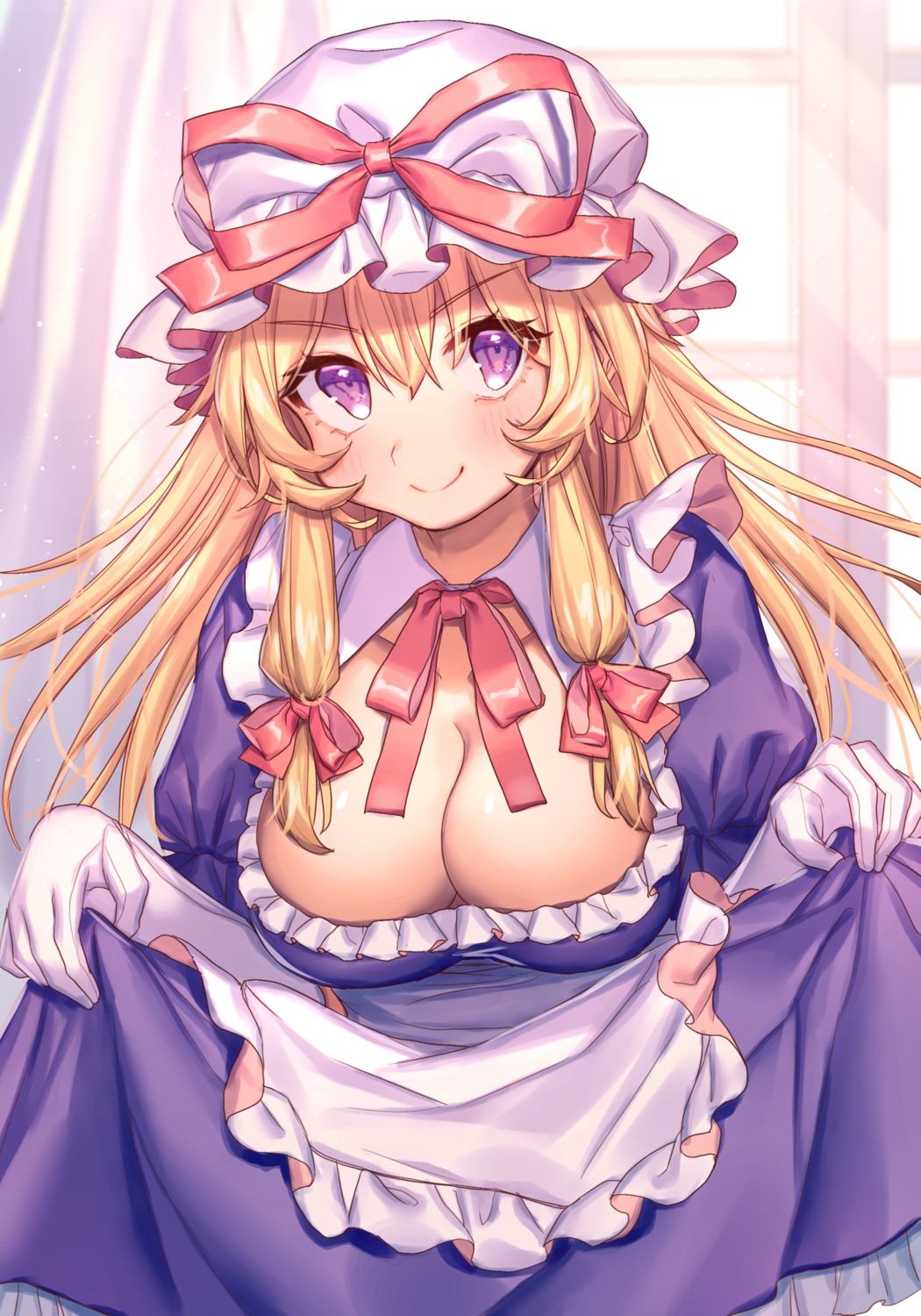 cleavage, dress, masanaga_(tsukasa), skirt_lift, touhou, yakumo_yukari