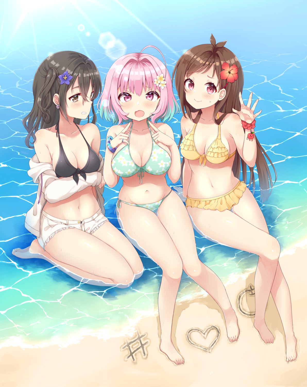 bikini, bikini_top, cleavage, open_shirt, sunazuka_akira, swimsuits, the_idolm@ster, the_idolm@ster_cinderella_girls, tsujino_akari, wet, yoshikita_popuri, yumemi_riamu