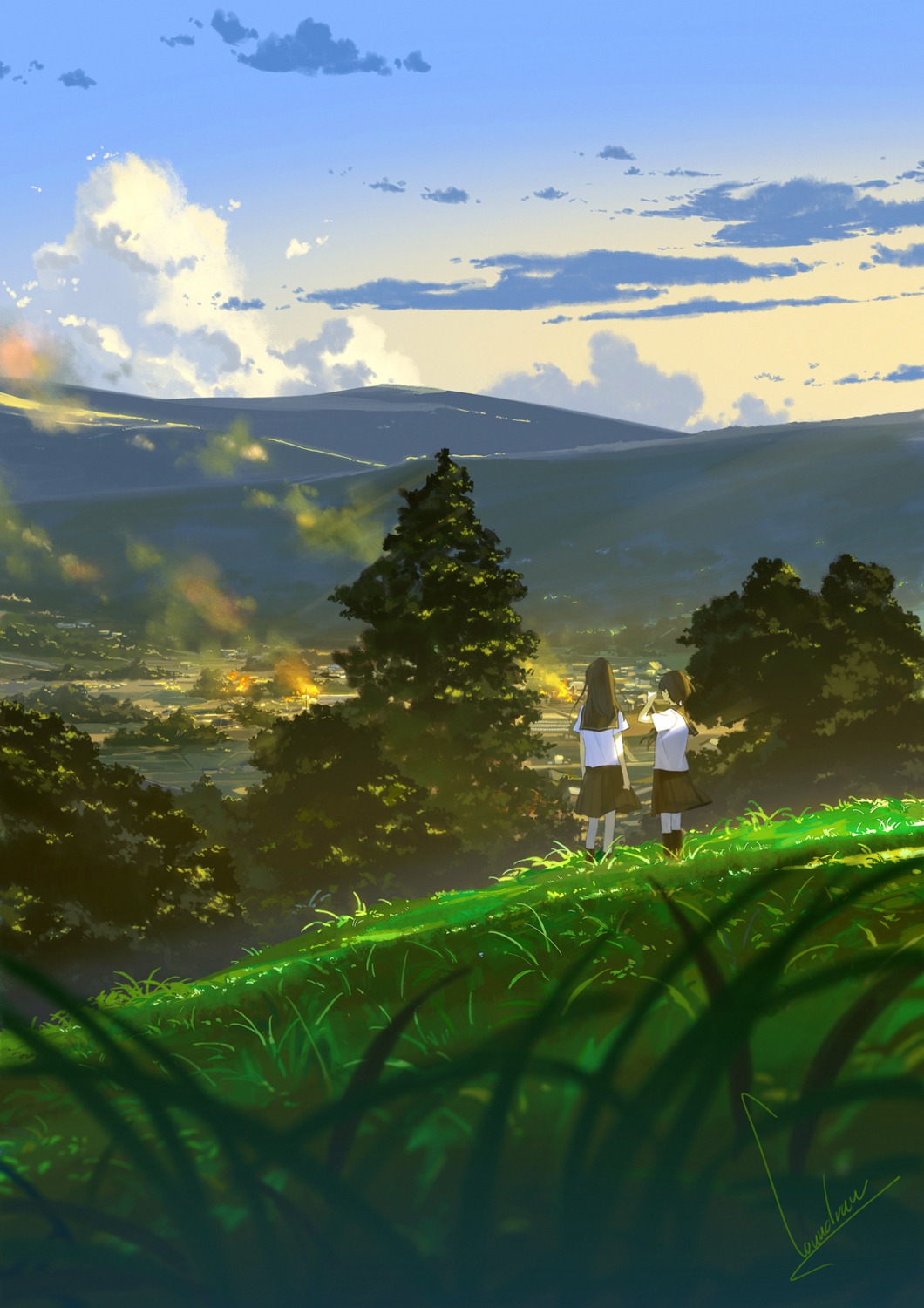 landscape, loundraw, seifuku