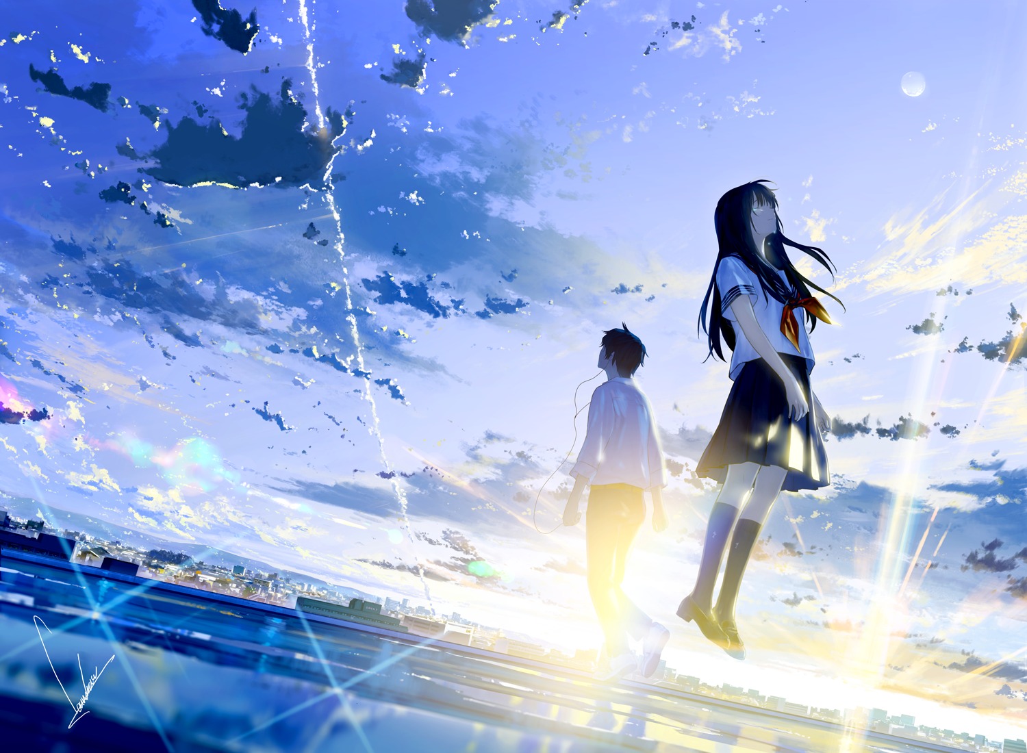 landscape, loundraw, seifuku