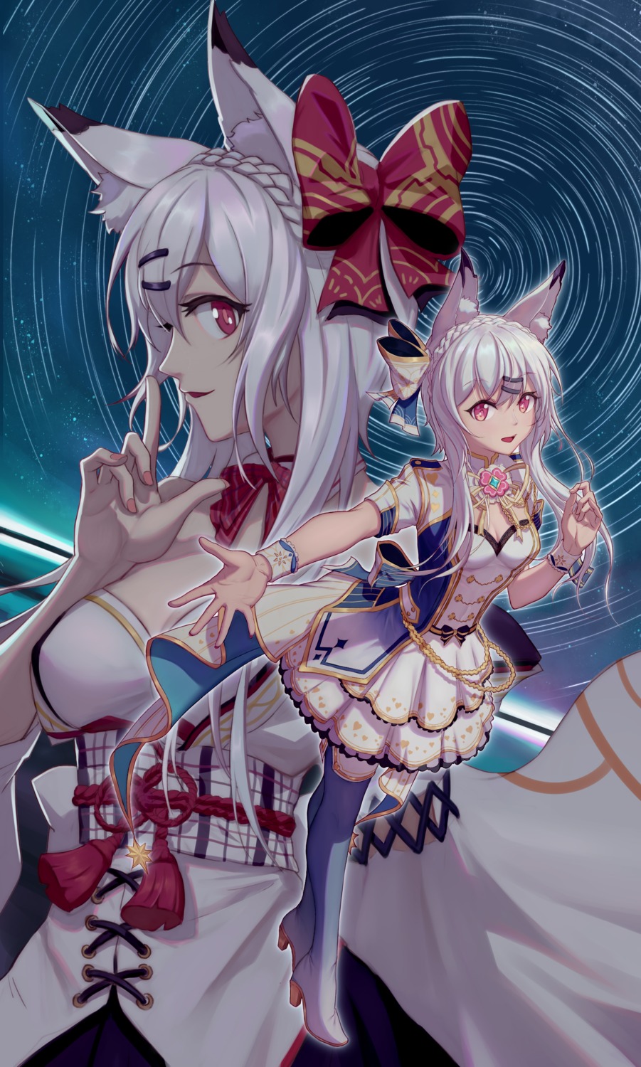 animal_ears, breast_hold, cleavage, heels, japanese_clothes, thighhighs, uniform, xdy