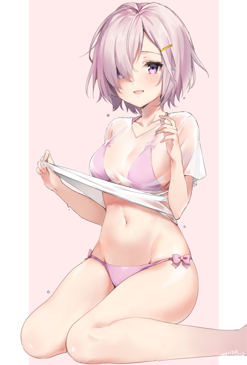 bikini, fate/grand_order, ishita_umi, mash_kyrielight, see_through, shirt_lift, swimsuits