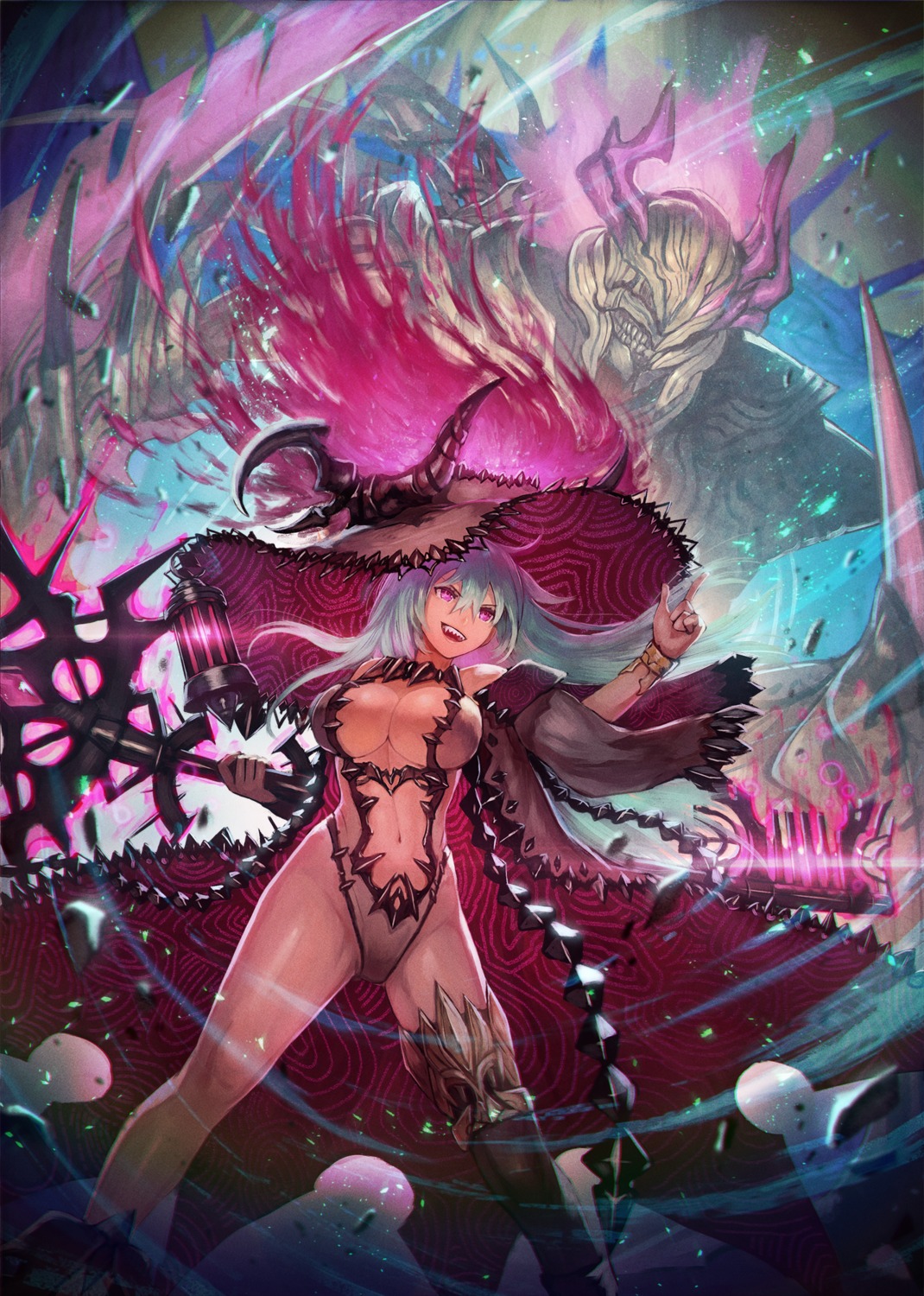 armor, horns, kuroi_susumu, leotard, no_bra, thighhighs, weapon, witch