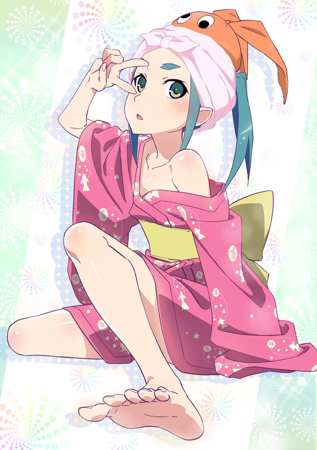 bakemonogatari, feet, makicha, monogatari_(series), no_bra, ononoki_yotsugi, open_shirt, yukata
