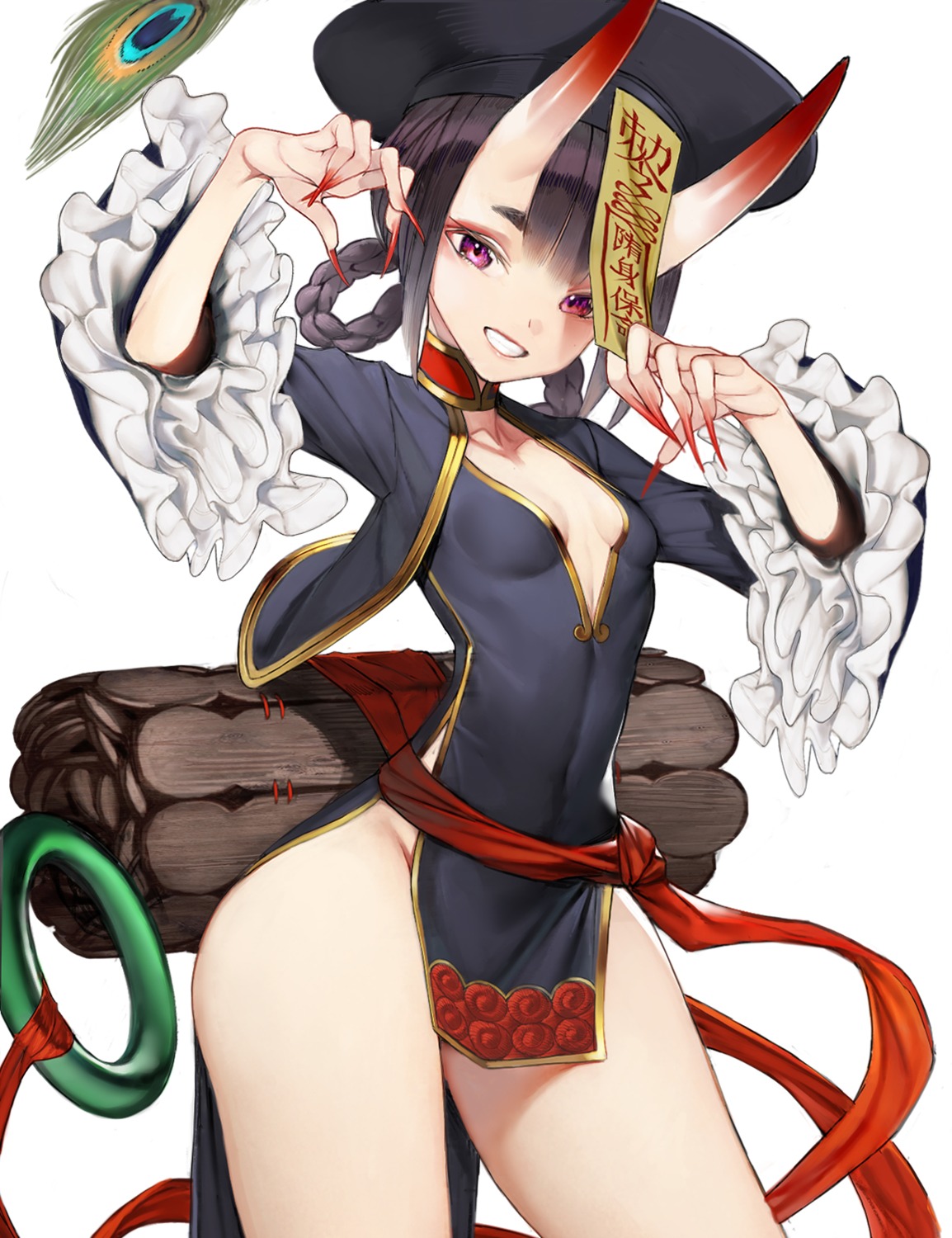 chinadress, cleavage, fate/grand_order, horns, no_bra, nopan, nyatabe, open_shirt