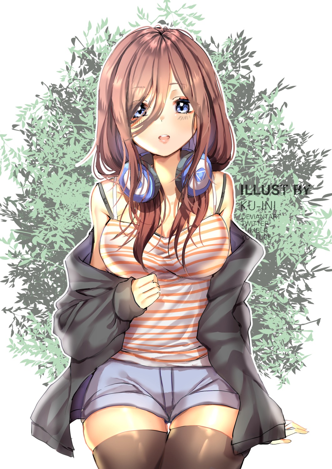 5-toubun_no_hanayome, cleavage, headphones, kuini, nakano_miku, thighhighs